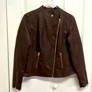 Baccini Dark Brown Faux Leather Biker Jacket Zip Front & Pockets Size S